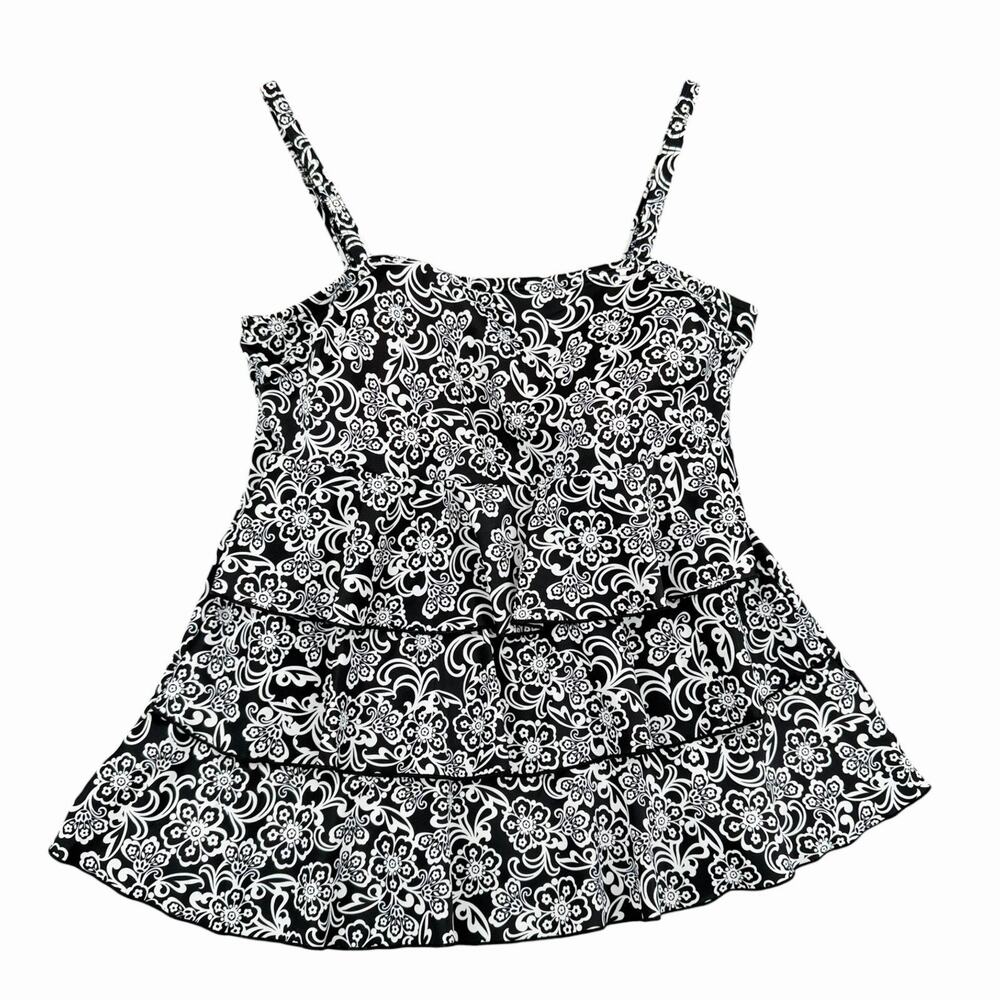 A Shore Fit Womens Swim Tankini Top Sz 16 W Black White Tiered Ruffle Tummy